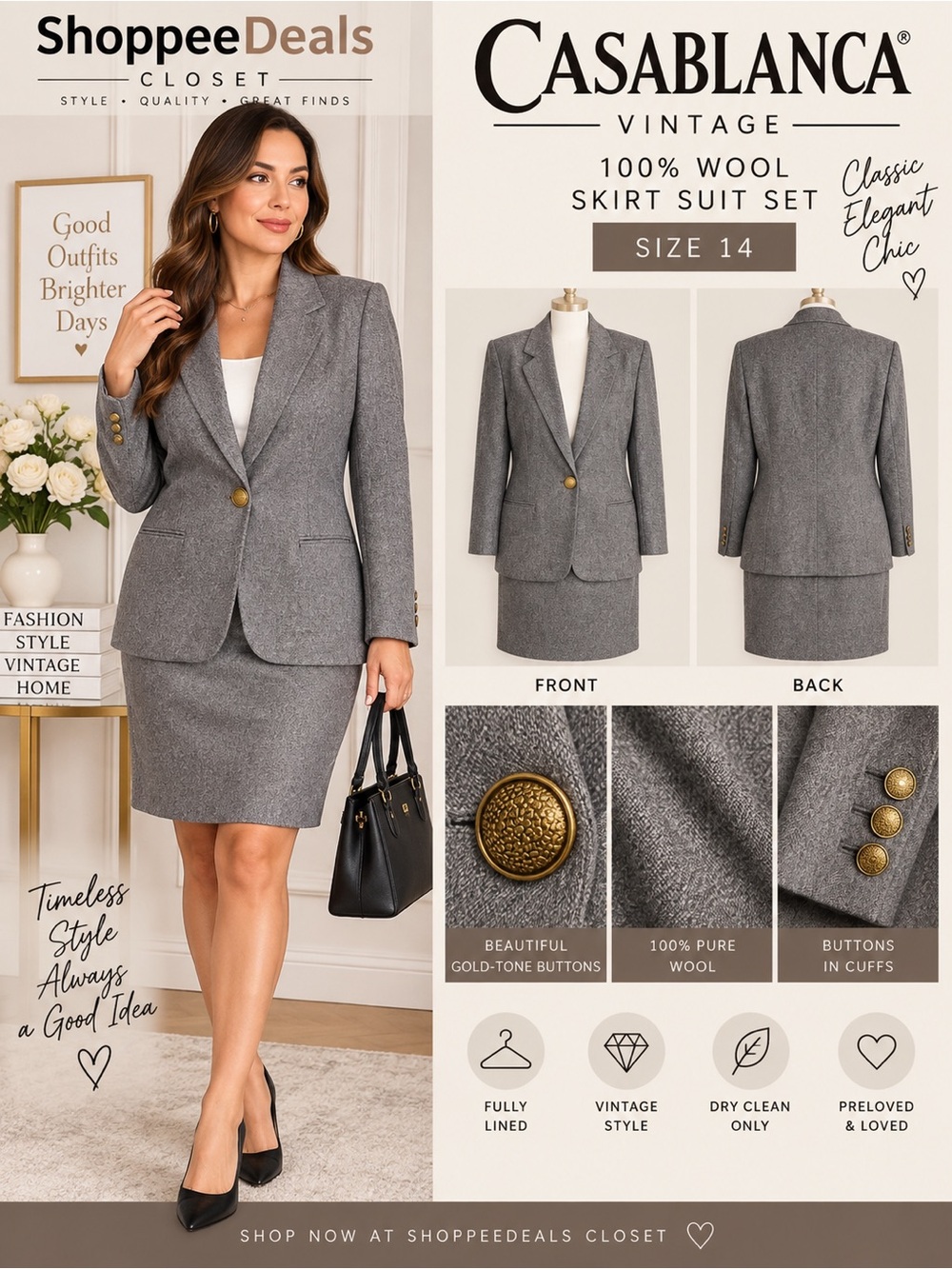 Vintage Casablanca Gray 100% Wool Skirt Suit Blazer Set Size 14